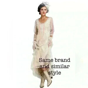 Vintage inspired two-piece linen dress with lace overlay. Boho wedding vibes